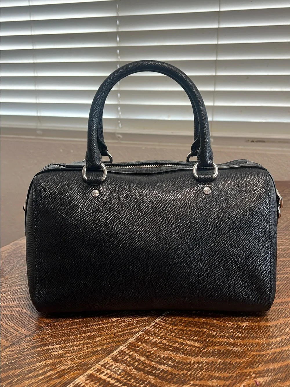 Coach Black Leather Barrel Satchel with Silver Hardware